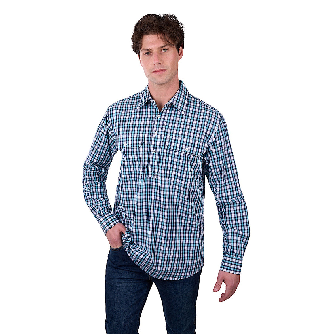 Hard Slog Men's Rui Half Placket Long Sleeve Shirt - Teal/Navy