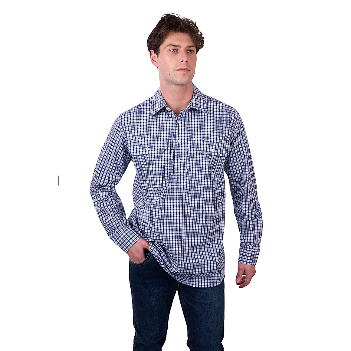 Hard Slog Men's Coney Half Placket Long Sleeve Shirt - Navy/Blue