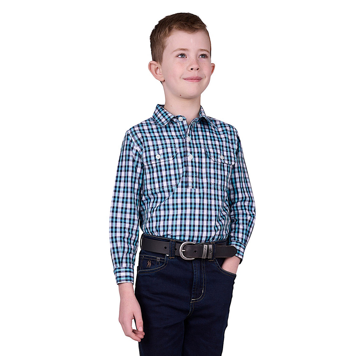 Hard Slog Kid's Rui Half Placket Long Sleeve Shirt - Teal/Navy