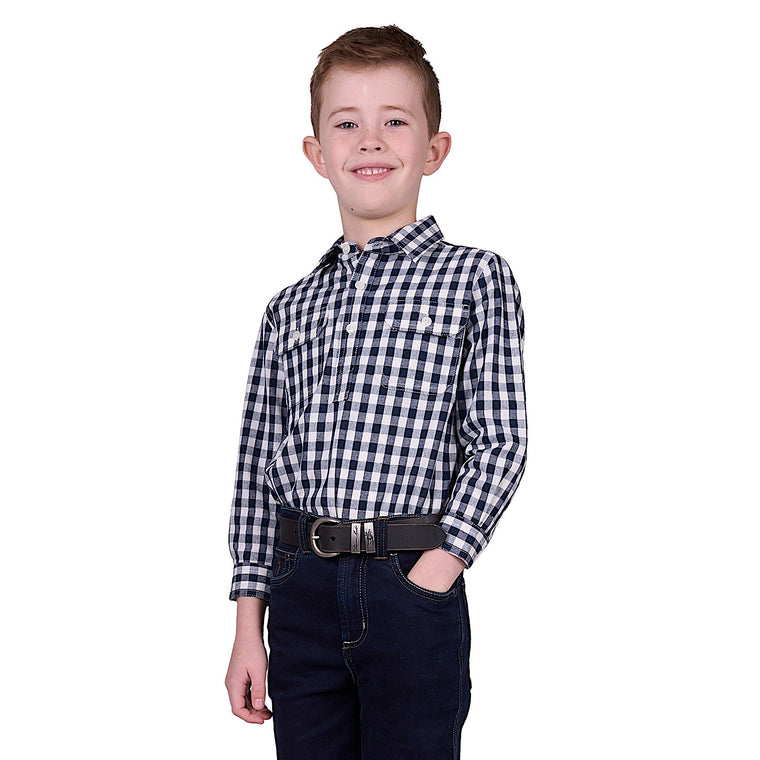 Hard Slog Kid's Dell Half Placket Long Sleeve Shirt - Navy/White