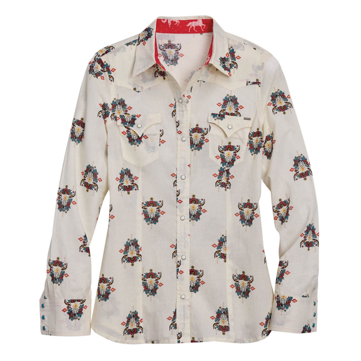 Tin Haul Women's Aztec Steer Head Print Snap Western Shirt - White