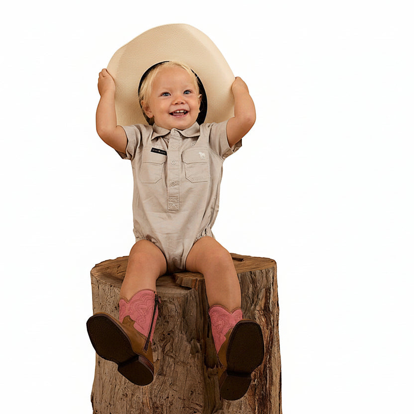 Ringers Western Babies Short Sleeve Work Shirt Romper - Beige