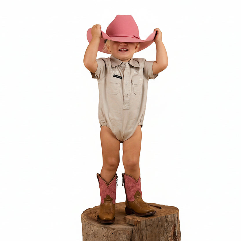 Ringers Western Babies Short Sleeve Work Shirt Romper - Beige