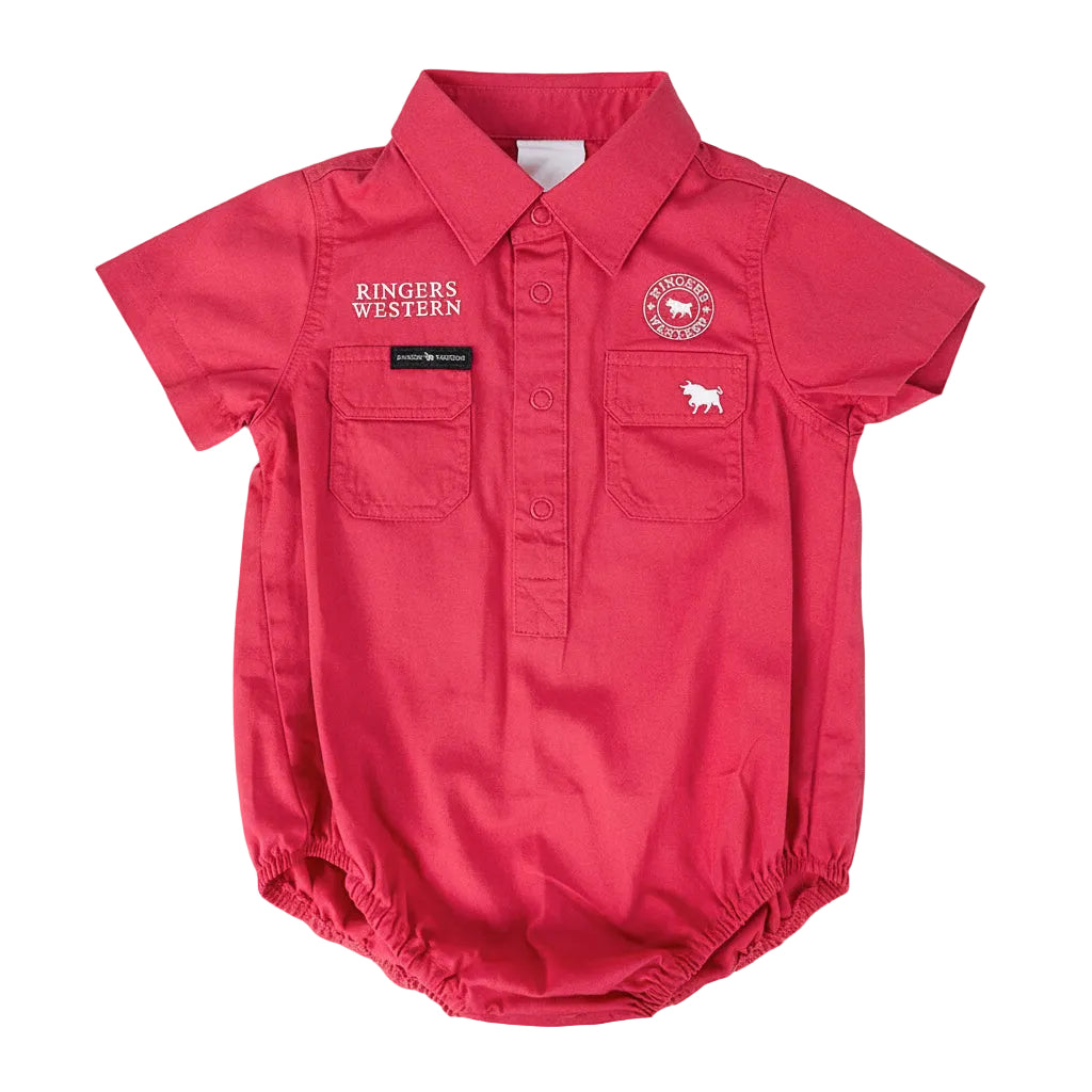 Ringers Western Babies Short Sleeve Work Shirt Romper - Berry