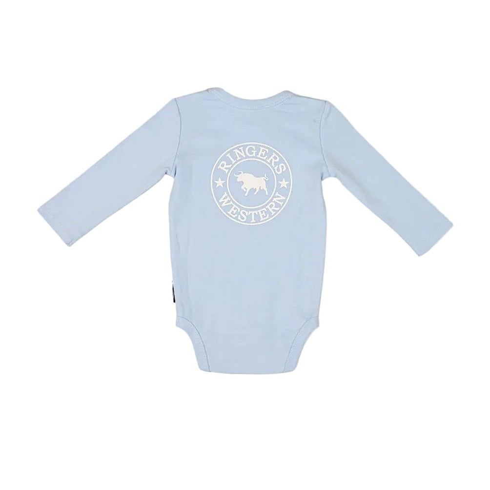 Ringers Western Babies Lil' Rascal Signature Bull Long Sleeve Romper - Blue/White