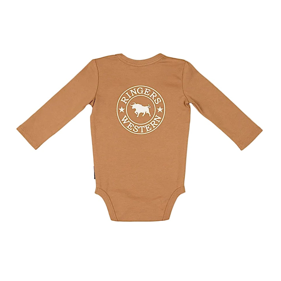 Ringers Western Babies Lil' Rascal Signature Bull Long Sleeve Romper - Clay/White