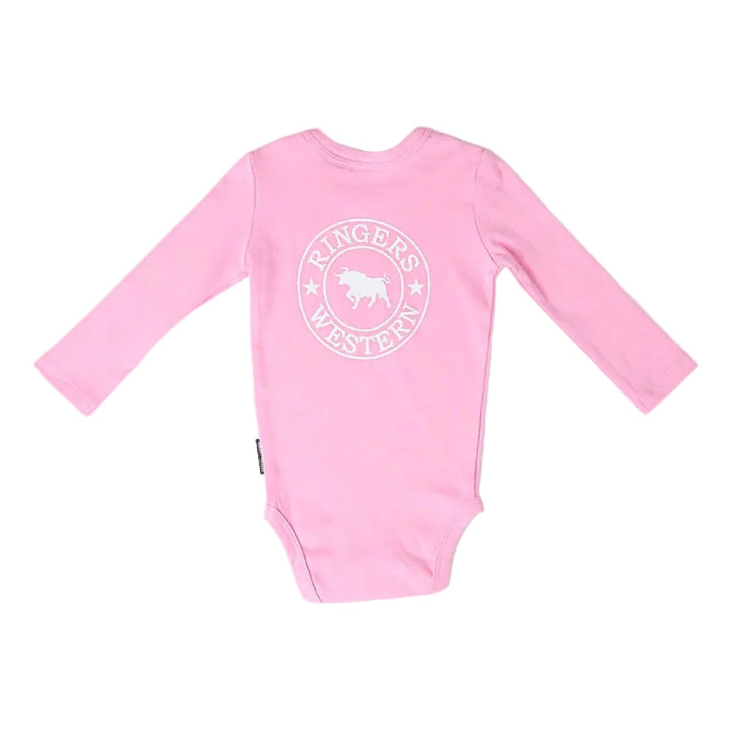 Ringers Western Babies Lil' Rascal Signature Bull Long Sleeve Romper - Pink/White