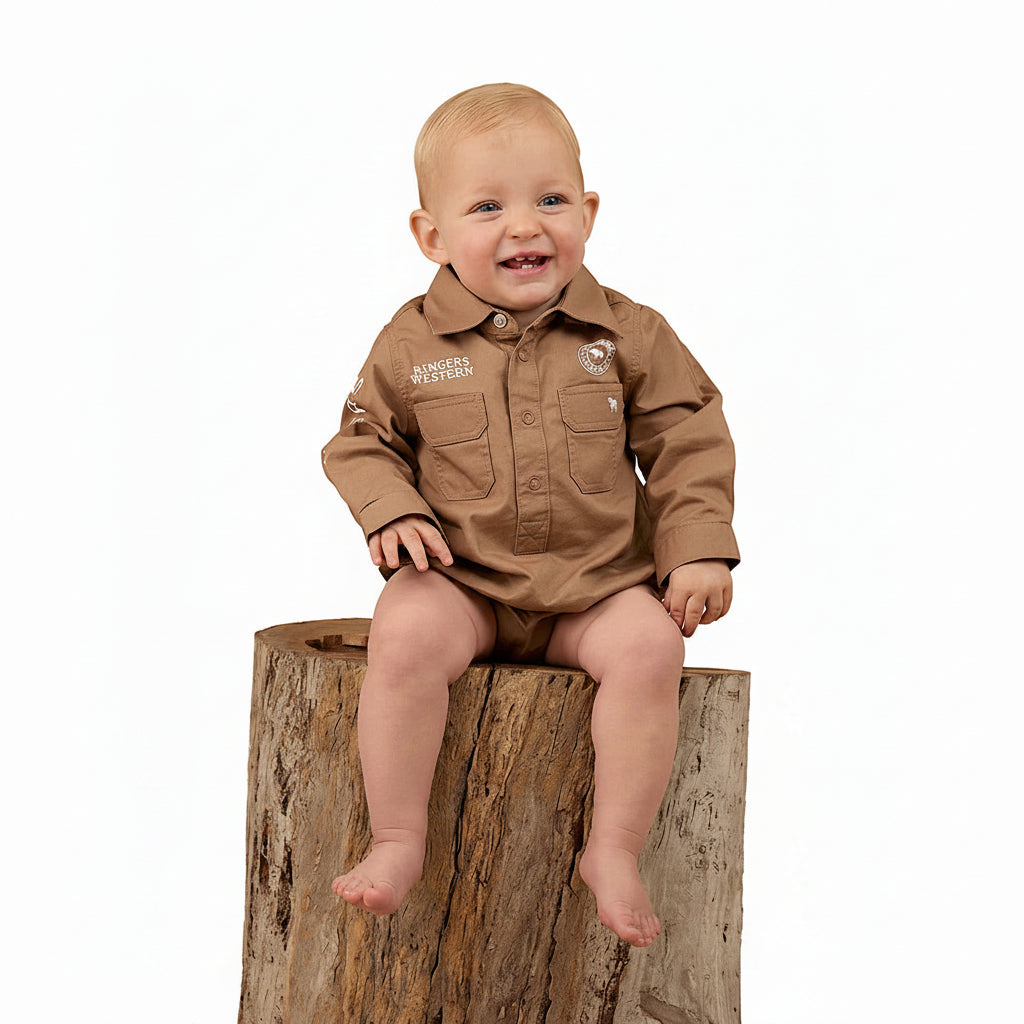 Ringers Western Babies Howdy Tot Long Sleeve Work Shirt Romper - Clay/White