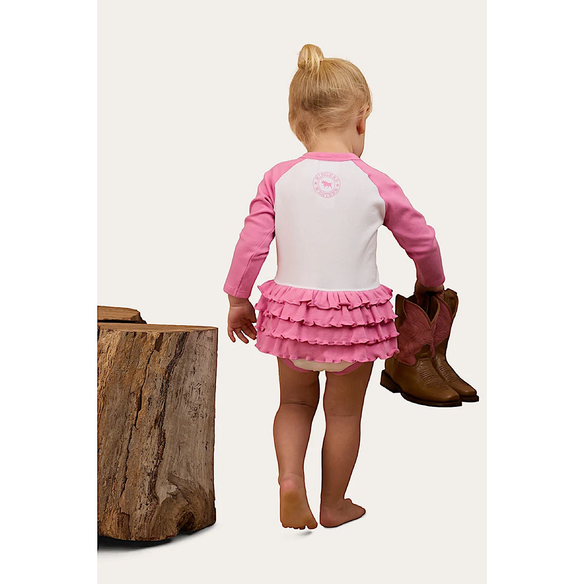 Ringers Western Babies Rodeo Gal Long Sleeve Frill Romper - White/Pink