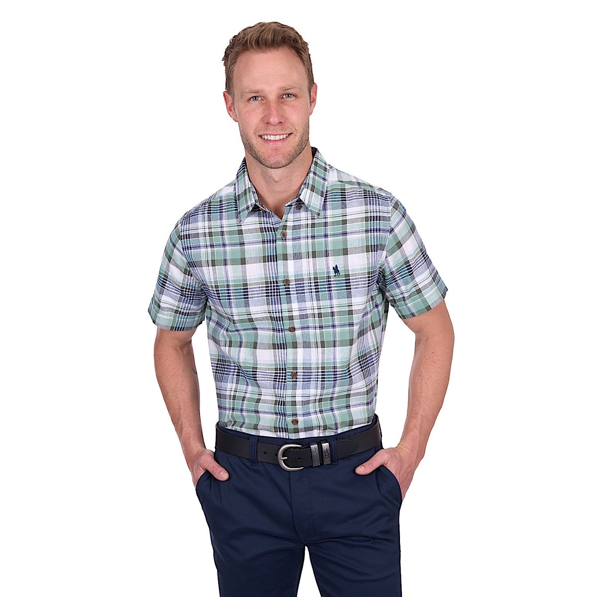 Thomas Cook Men’s Gerry Linen Short Sleeve Shirt - Green/Navy