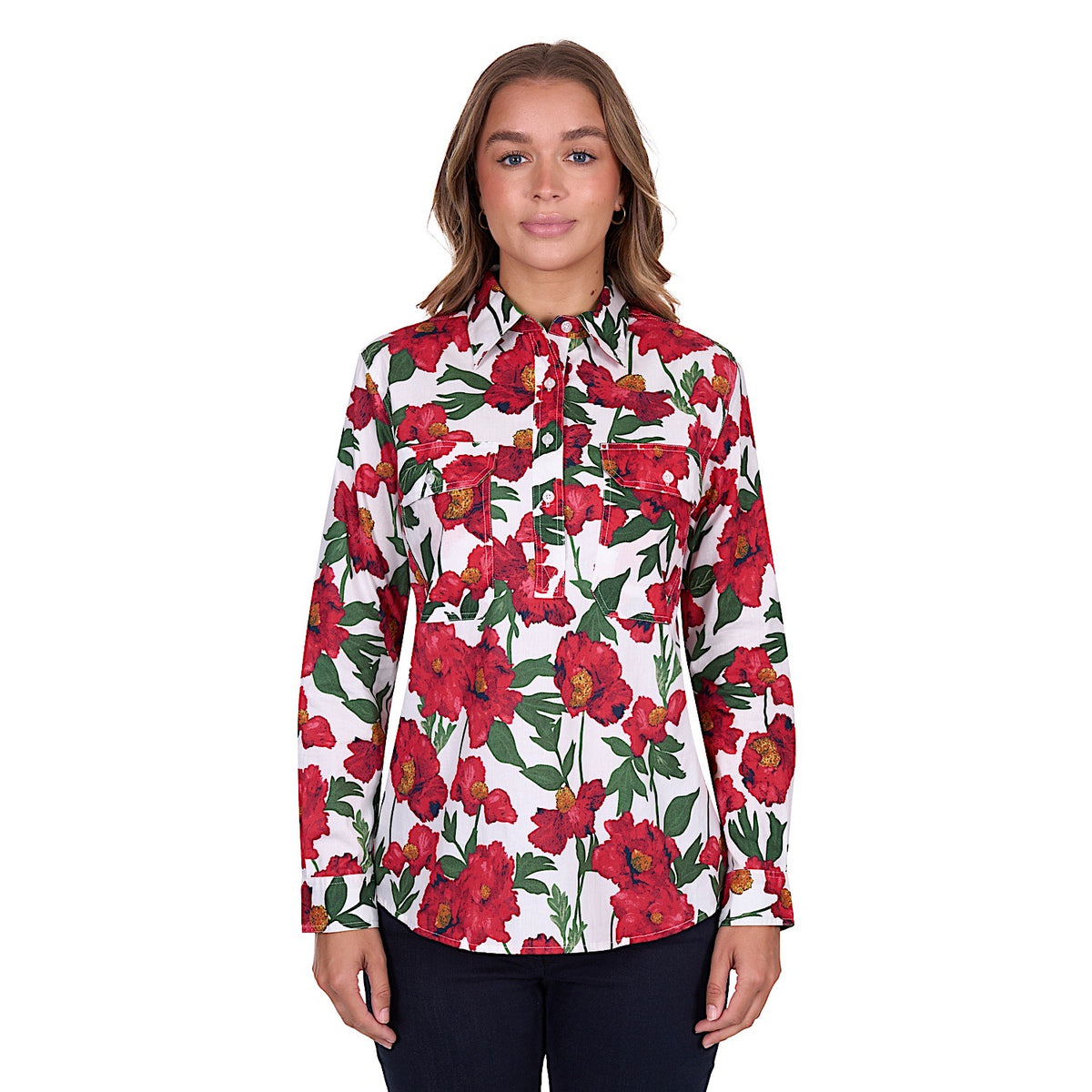 Hard Slog Women's Zoe Half Placket Long Sleeve Shirt - Red