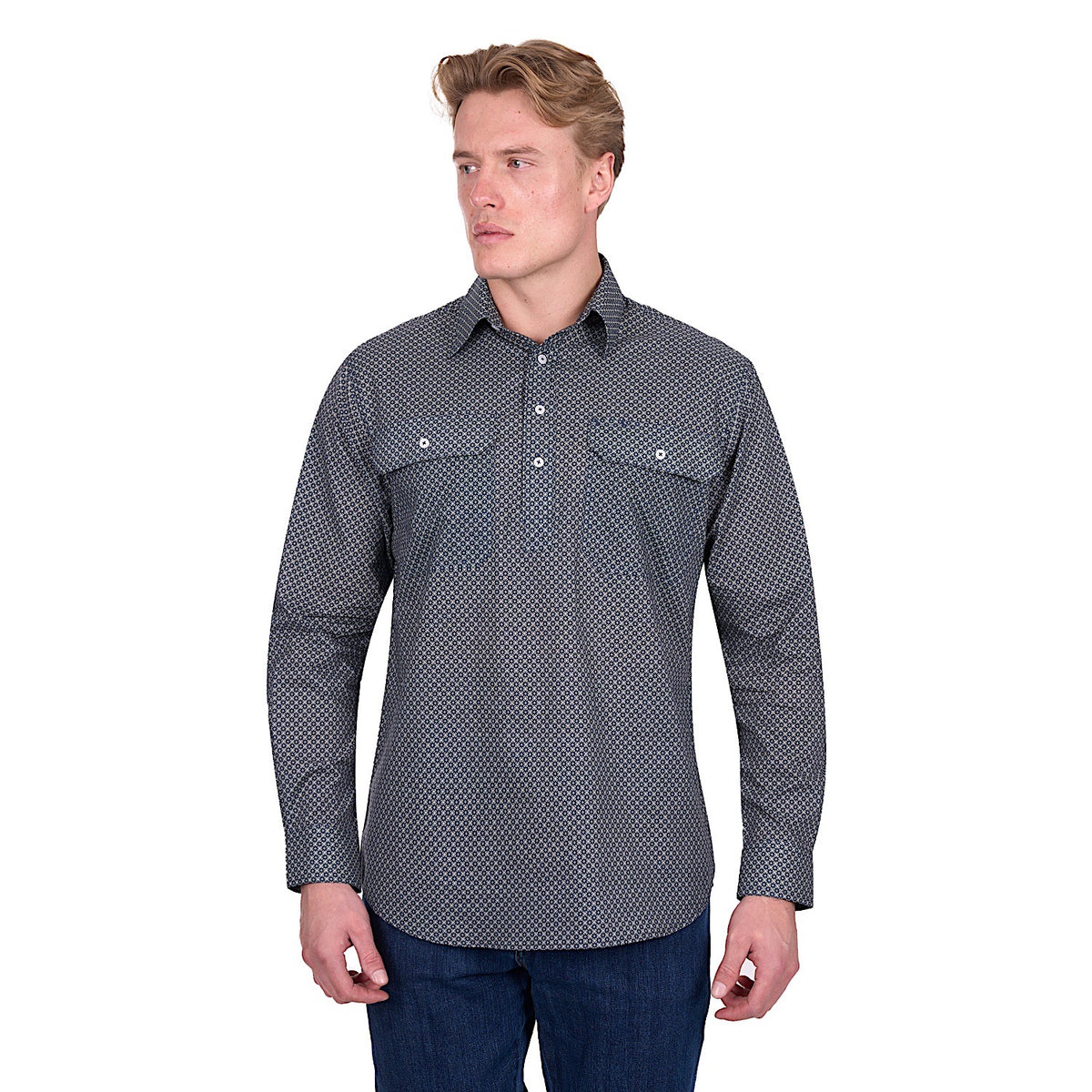 Hard Slog Men's Tomson Half Placket Long Sleeve Shirt - Navy/Tan