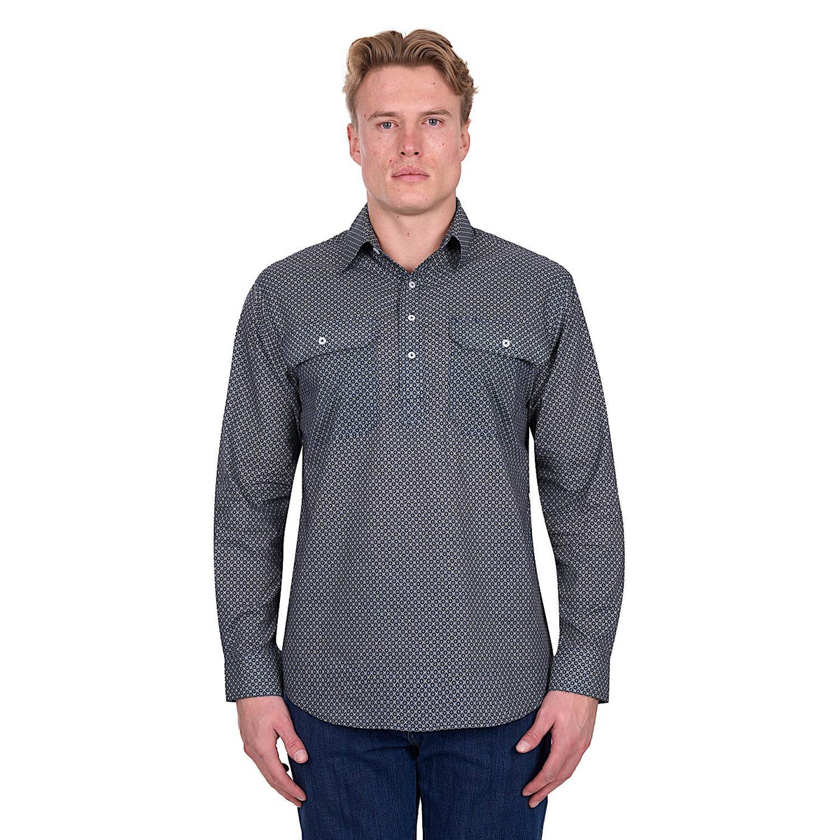 Hard Slog Men's Tomson Half Placket Long Sleeve Shirt - Navy/Tan