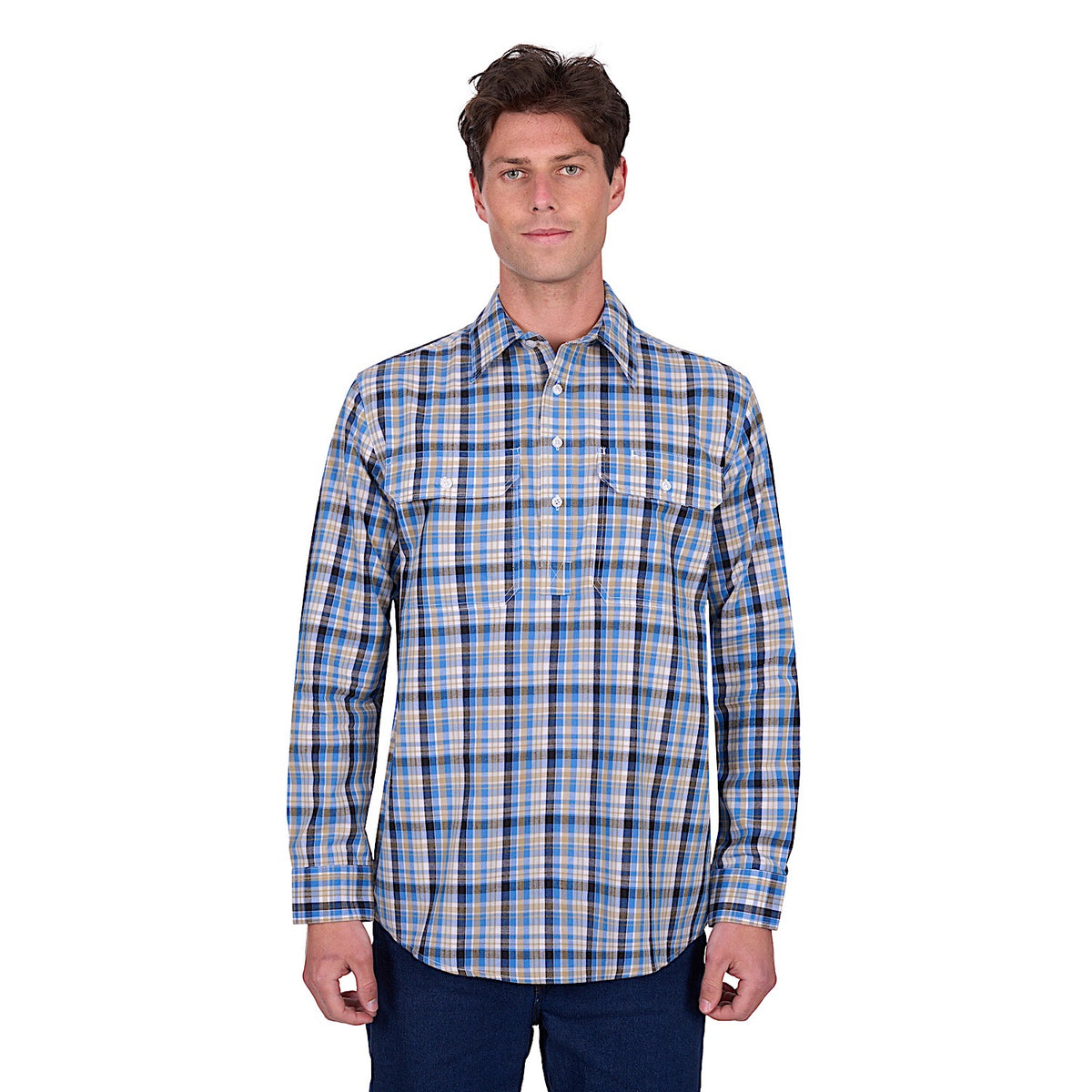 Hard Slog Men's Gibson Half Placket Long Sleeve Shirt - Blue/Tan