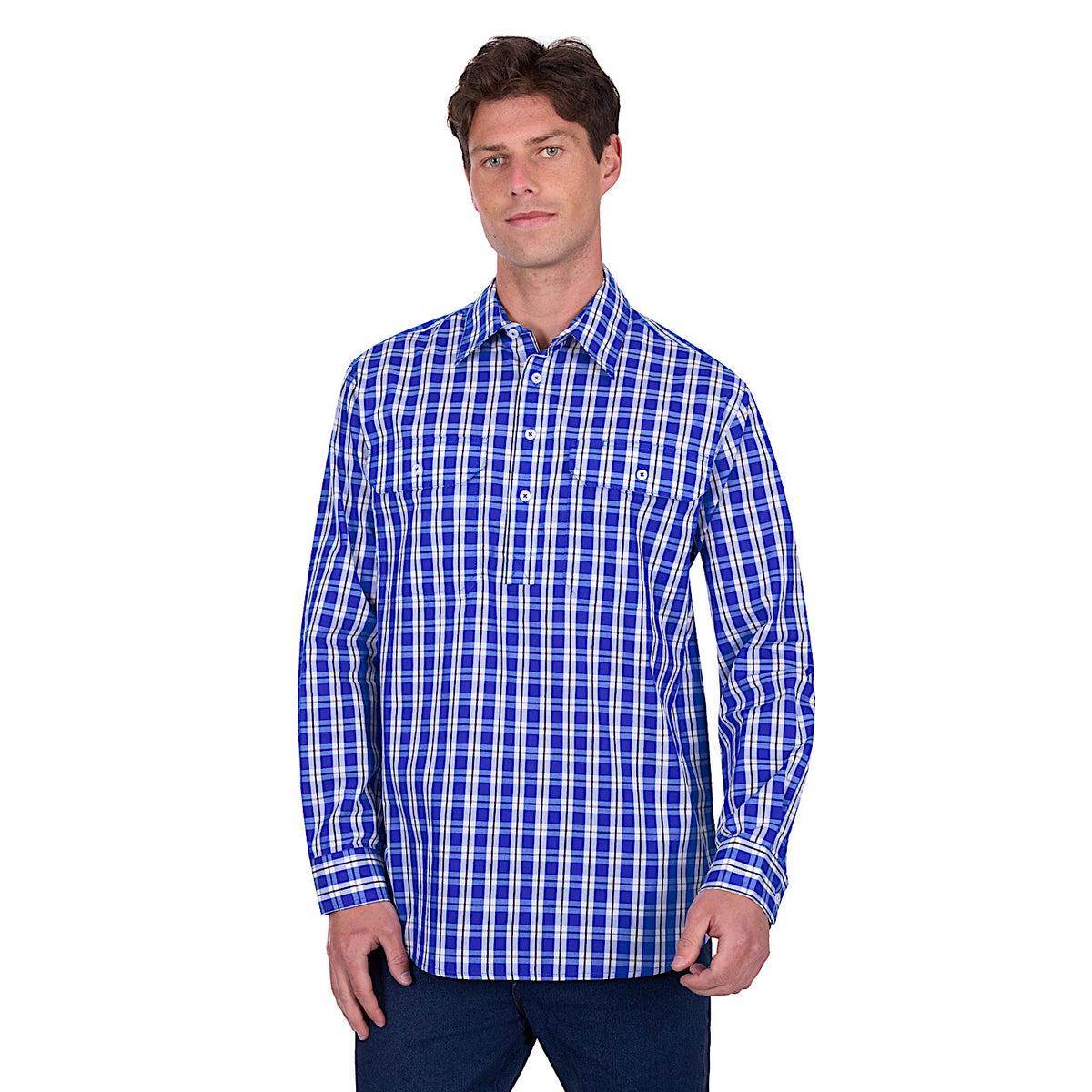 Hard Slog Men’s Levers Half Placket Long Sleeve Shirt Royal/White