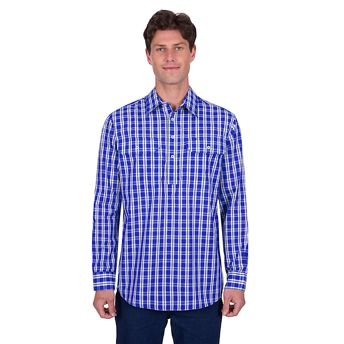 Hard Slog Men’s Levers Half Placket Long Sleeve Shirt Royal/White
