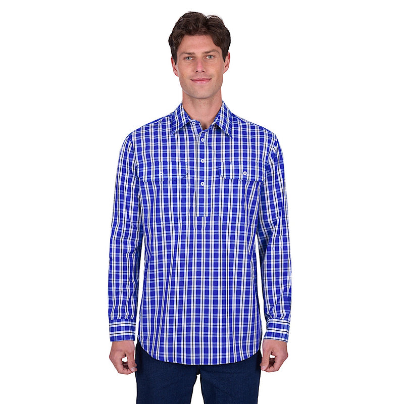 Hard Slog Men’s Levers Half Placket Long Sleeve Shirt Royal/White