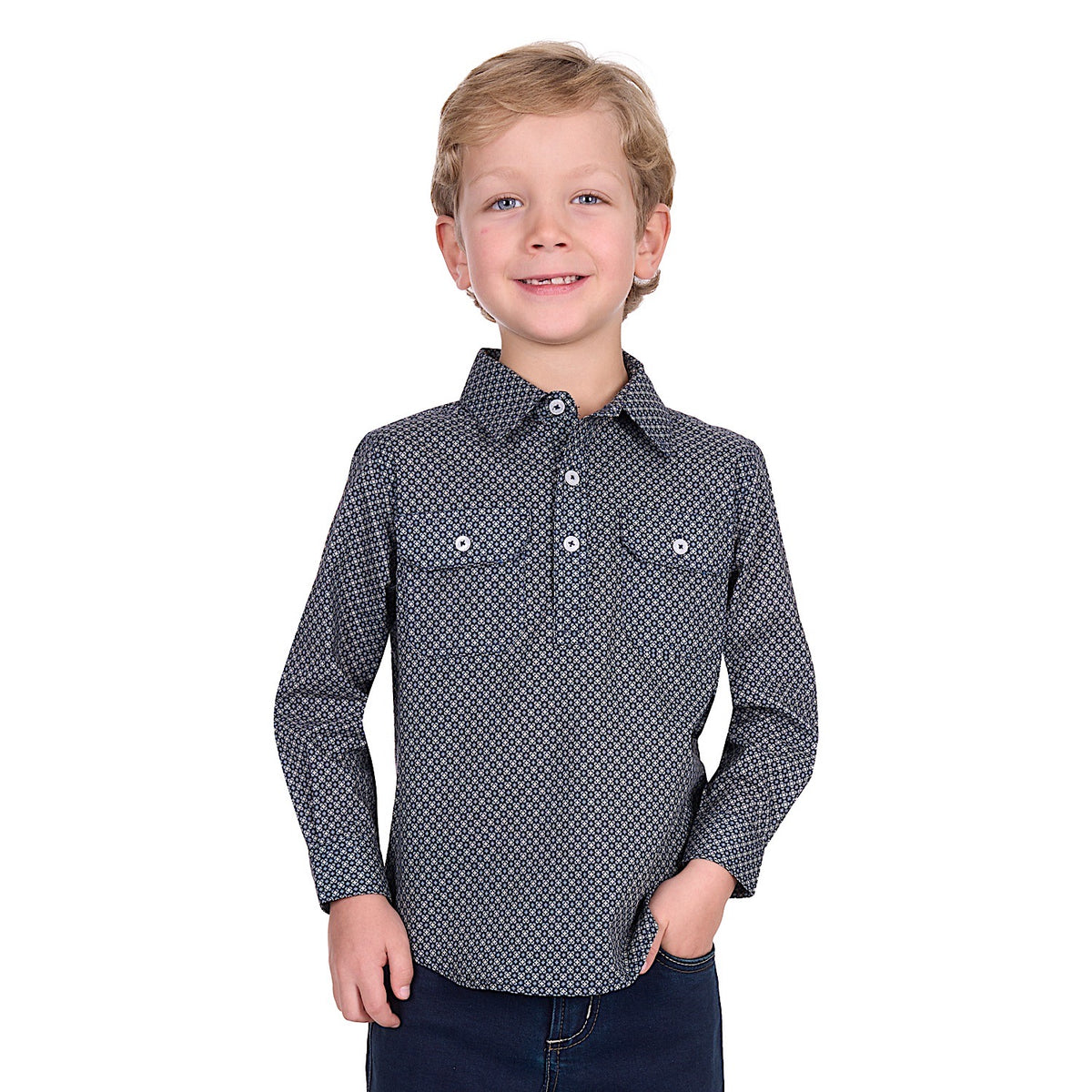 Hard Slog Kid's Tomson Half Placket Long Sleeve Shirt - Navy/Tan