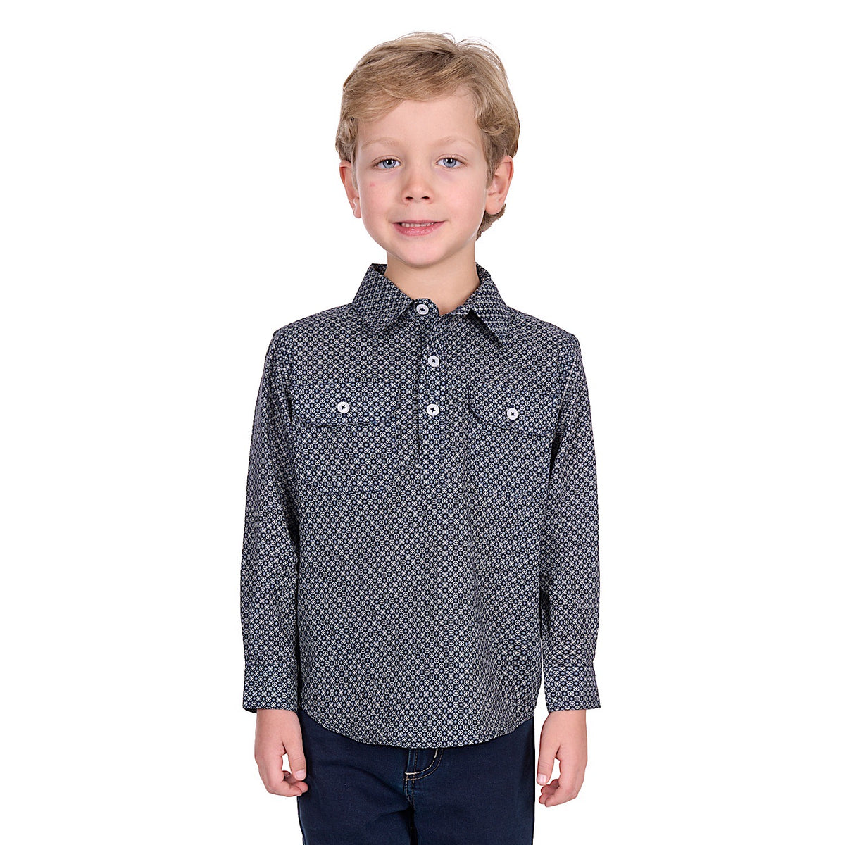 Hard Slog Kid's Tomson Half Placket Long Sleeve Shirt - Navy/Tan
