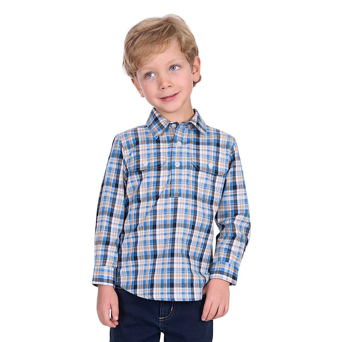 Hard Slog Kid's Gibson Half Placket Long Sleeve Shirt - Blue/Tan