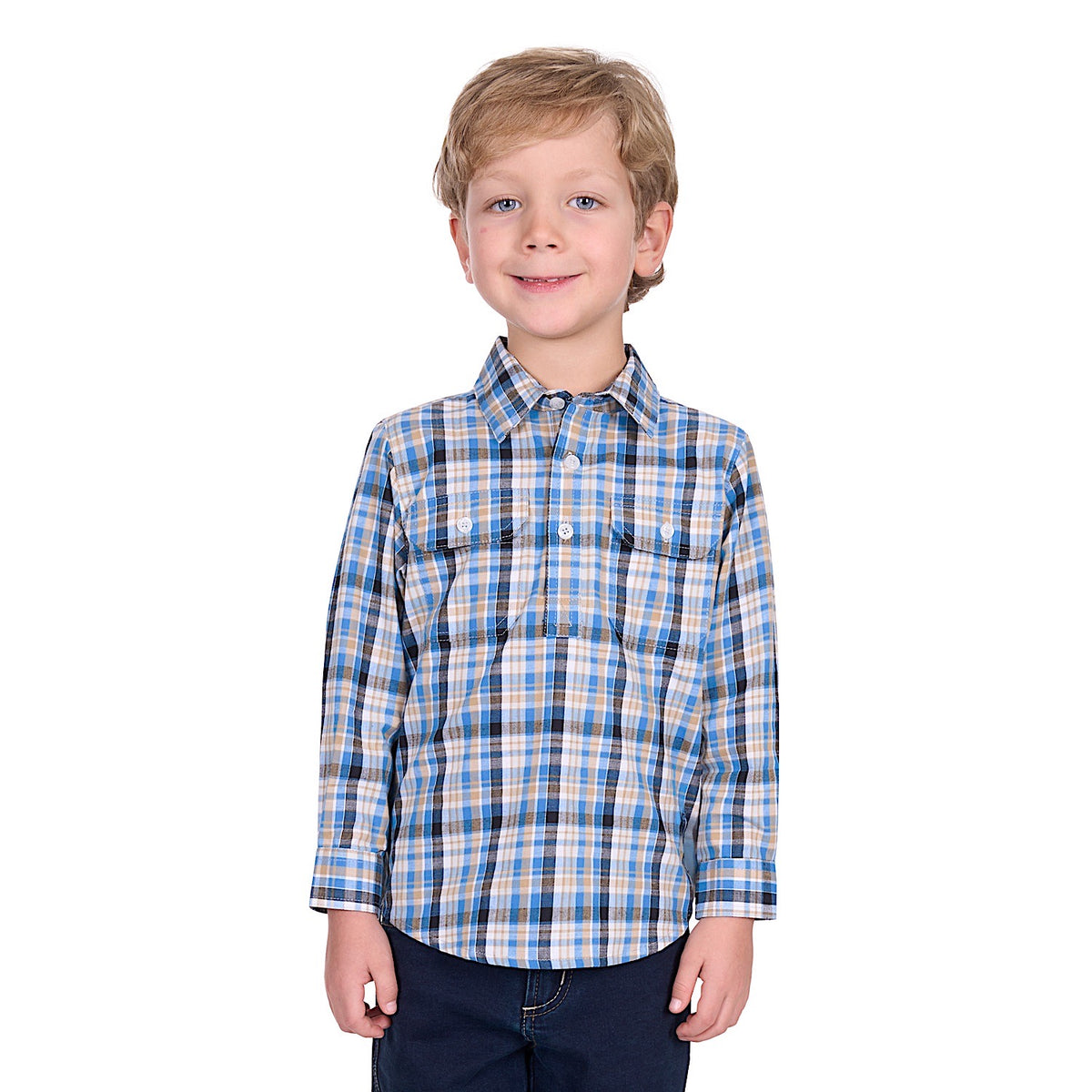 Hard Slog Kid's Gibson Half Placket Long Sleeve Shirt - Blue/Tan