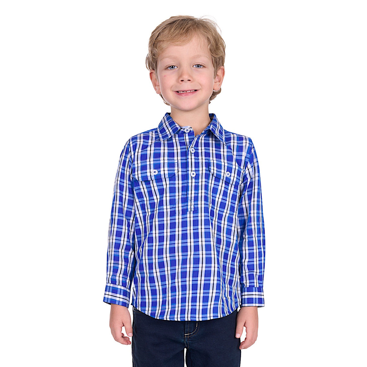 Hard Slog Kid's Levers Half Placket Long Sleeve Shirt - Royal/White
