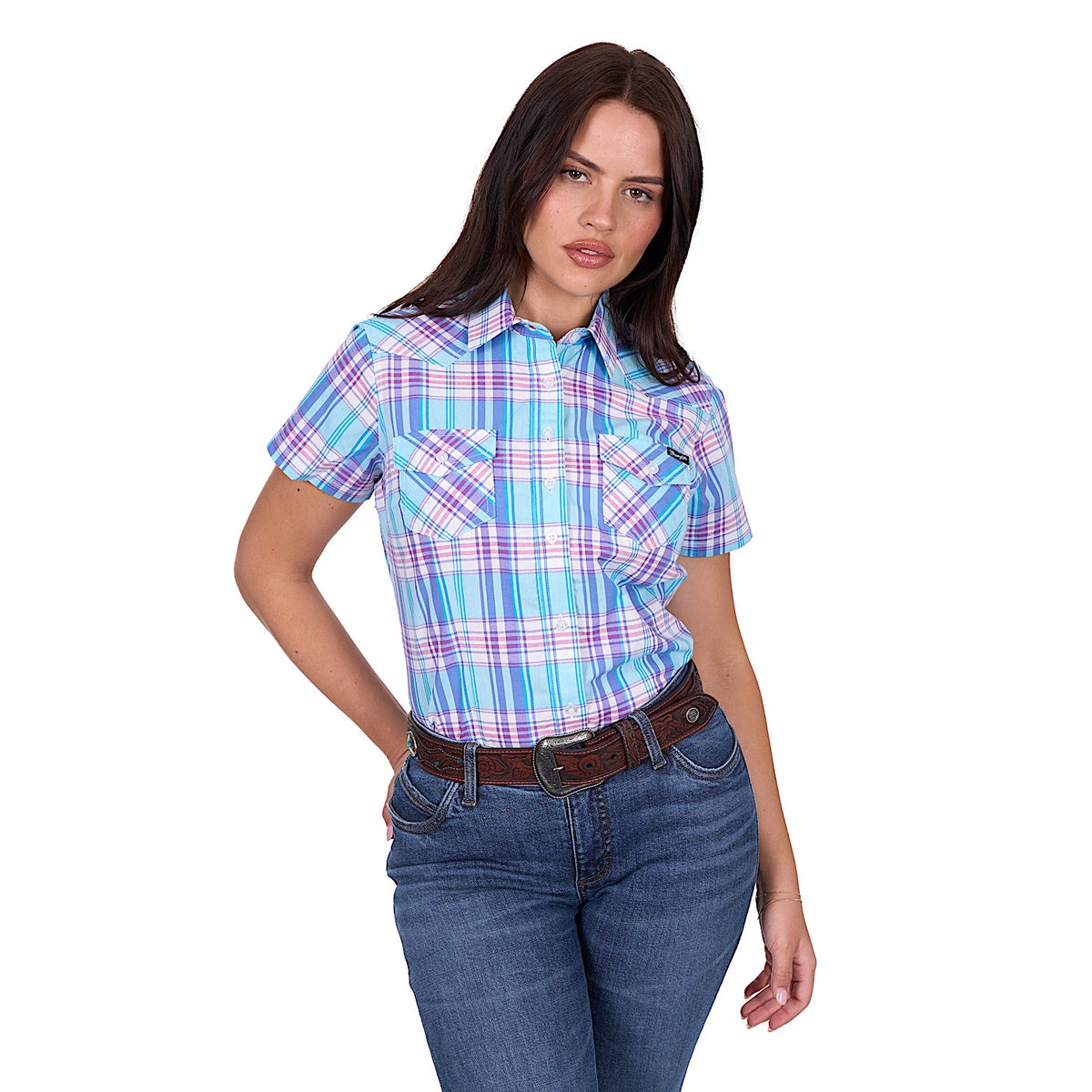 Wrangler Women’s Emily Check Short Sleeve Shirt - Blue