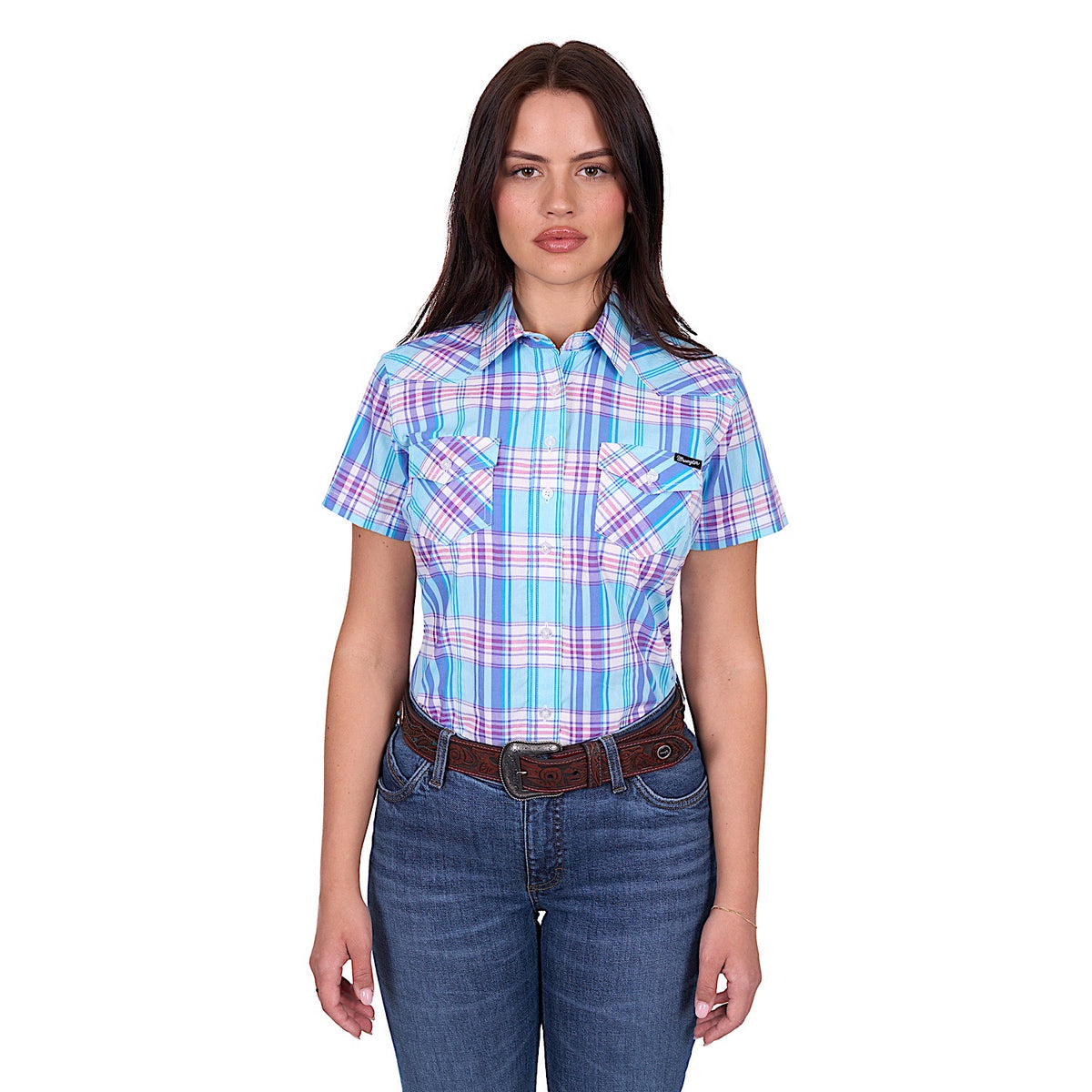 Wrangler Women’s Emily Check Short Sleeve Shirt - Blue
