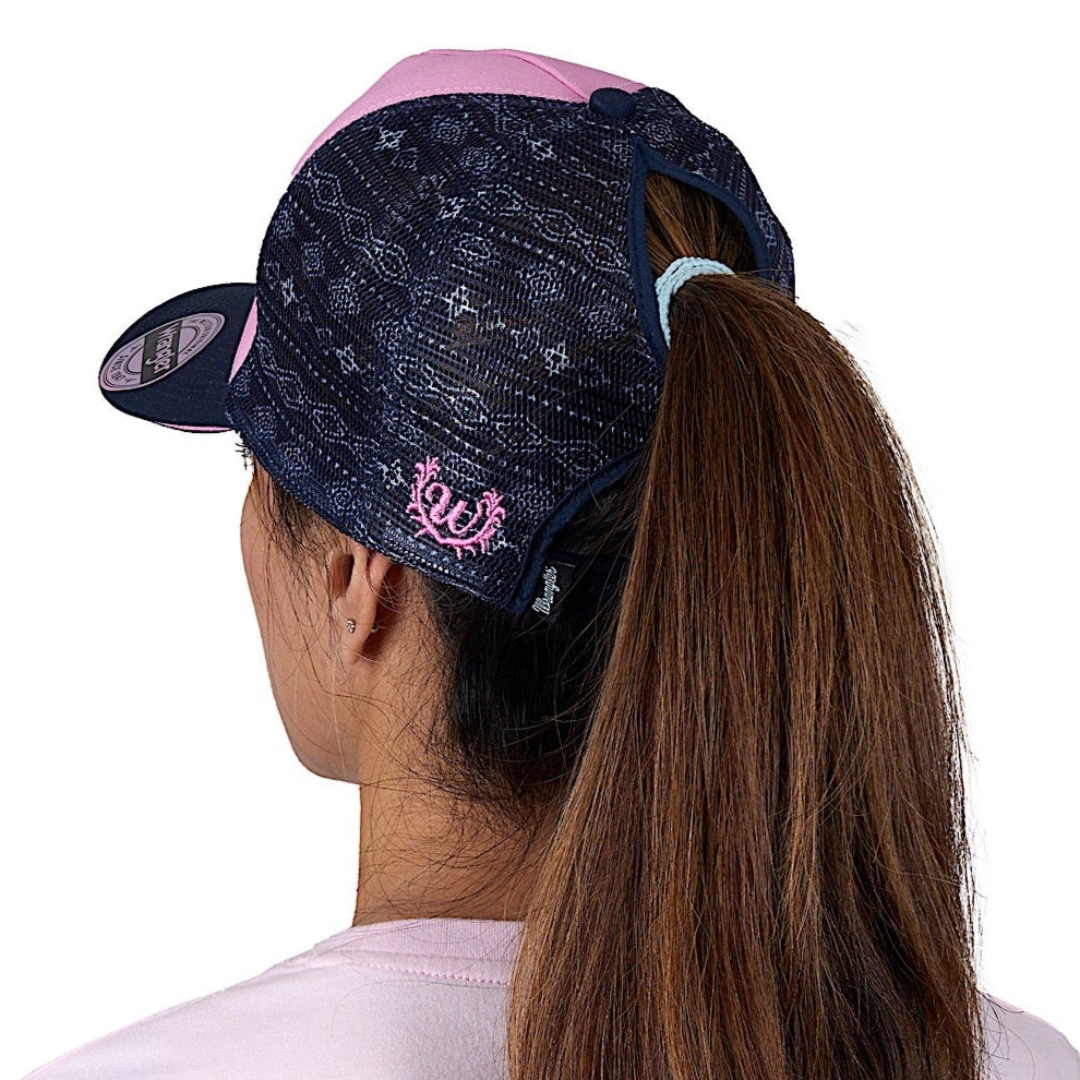Wrangler Andy High Profile Ponytail Trucker Cap - Navy/Pink