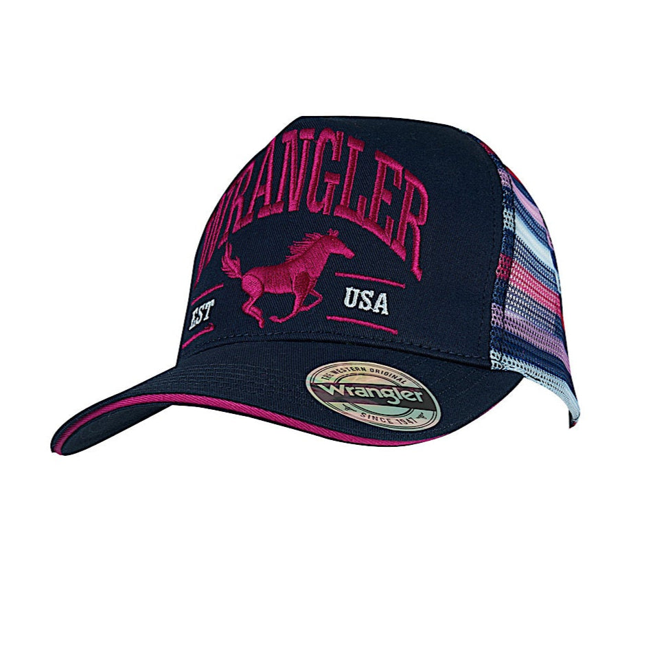 Wrangler Eliza High Profile Ponytail Trucker Cap - Navy/Pink