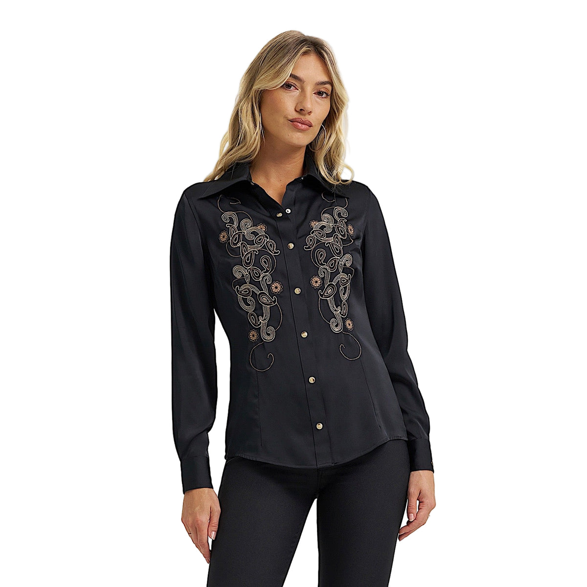 Wrangler X Lainey Wilson Womens Satin Embroidered Western Snap Shirt - Black