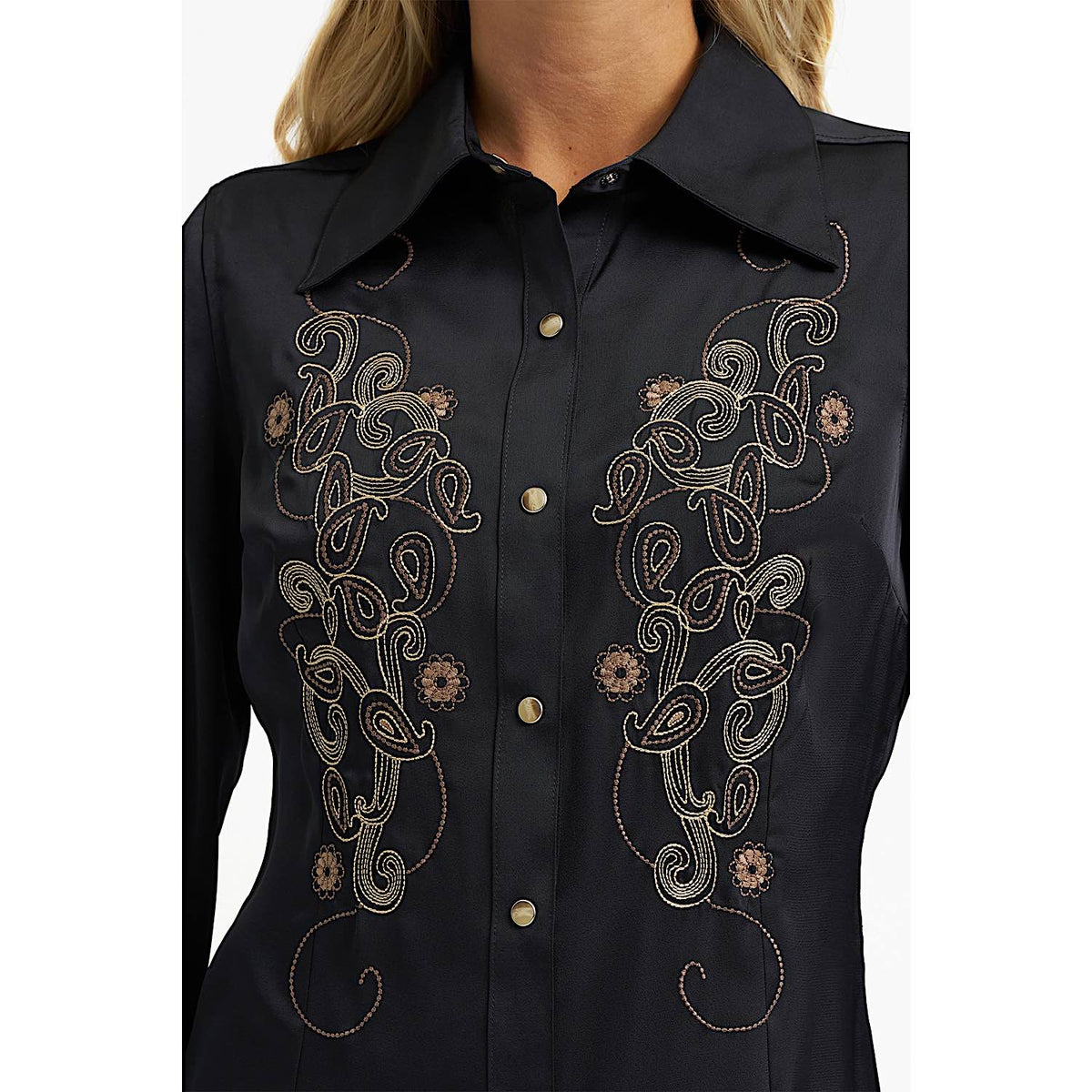 Wrangler X Lainey Wilson Womens Satin Embroidered Western Snap Shirt - Black