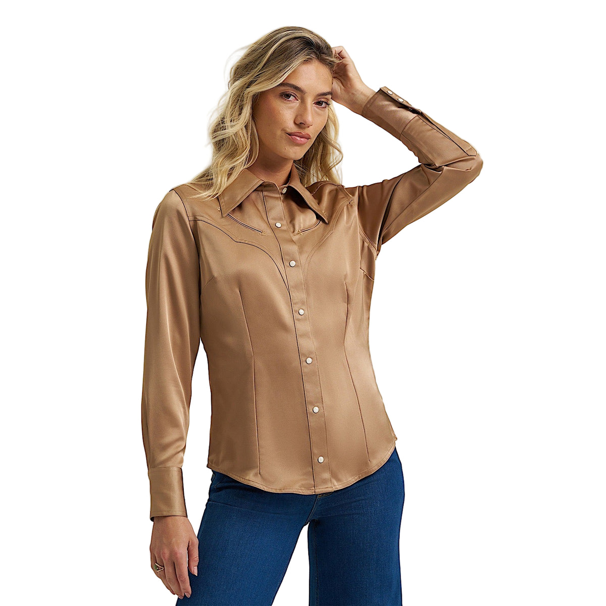 Wrangler X Lainey Wilson Womens Glam Satin Western Snap Shirt - Gold