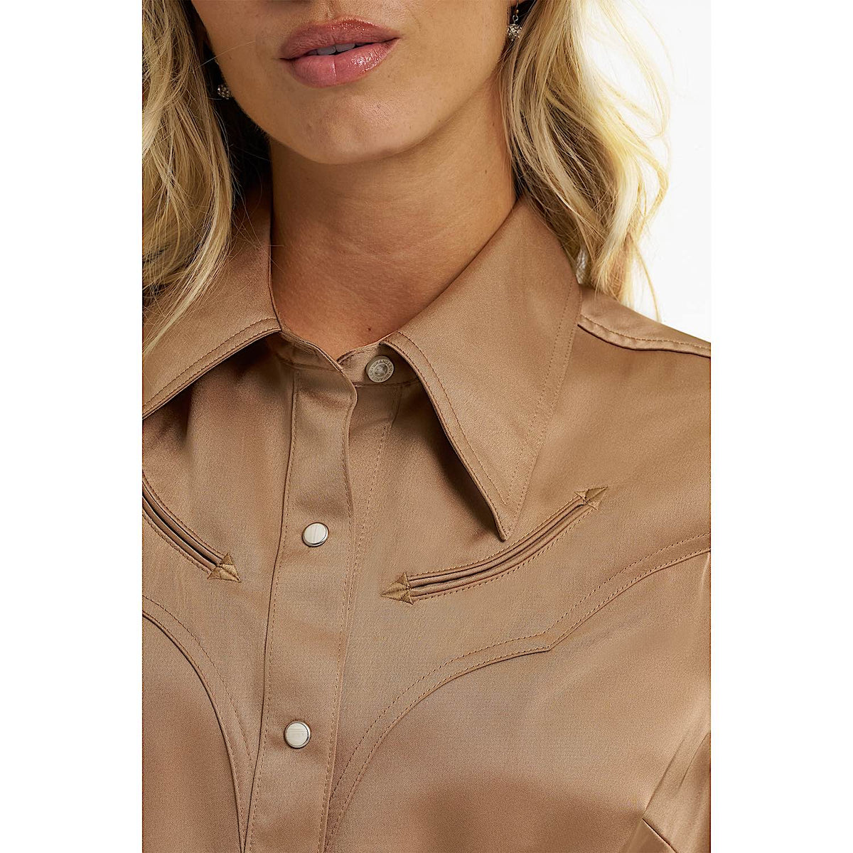 Wrangler X Lainey Wilson Womens Glam Satin Western Snap Shirt - Gold