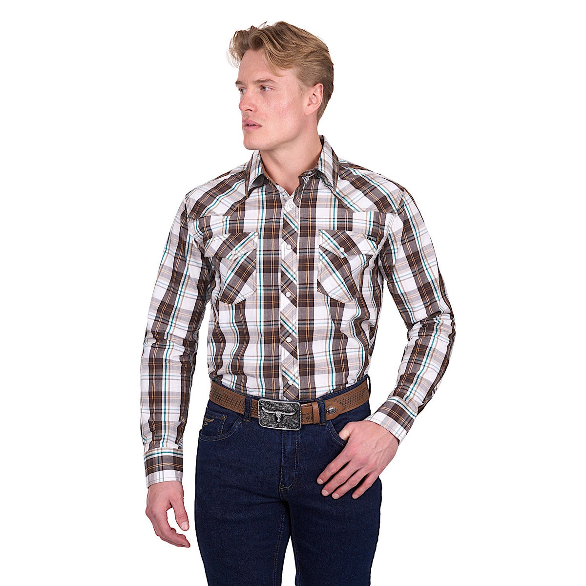 Pure Western Men’s Roger Shirt - Dark Tan/White