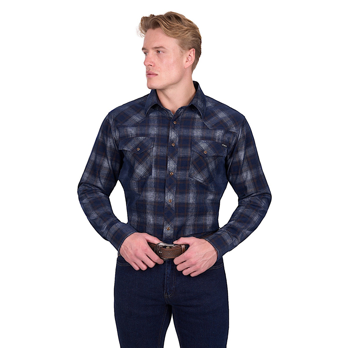 Pure Western Men’s Harley Shirt - Navy/Tan