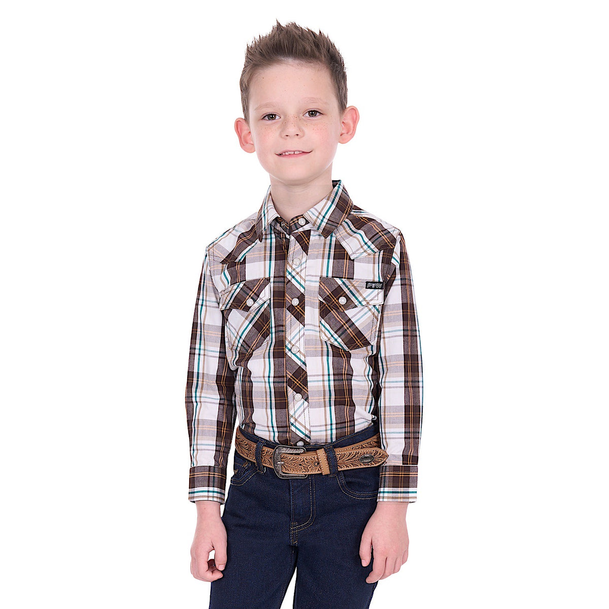 Pure Western Boy’s Roger Shirt - Dark Tan/White