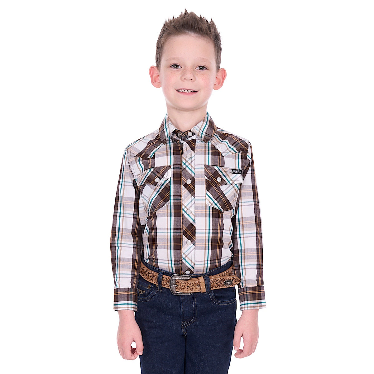 Pure Western Boy’s Roger Shirt - Dark Tan/White