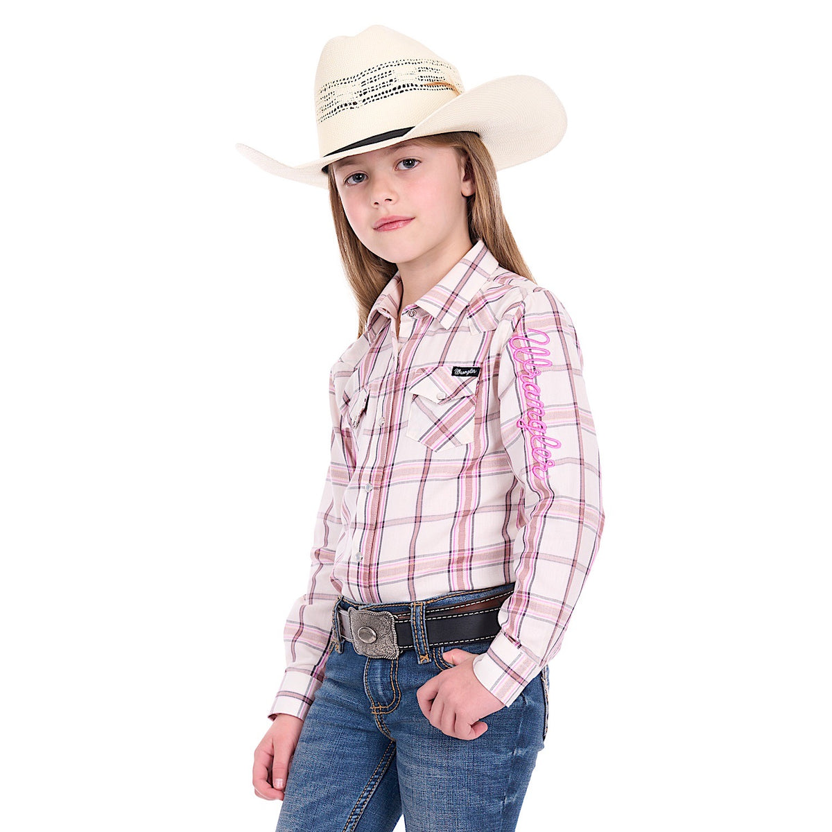 Wrangler Girl’s Henley Logo Shirt - Ivory/Pink