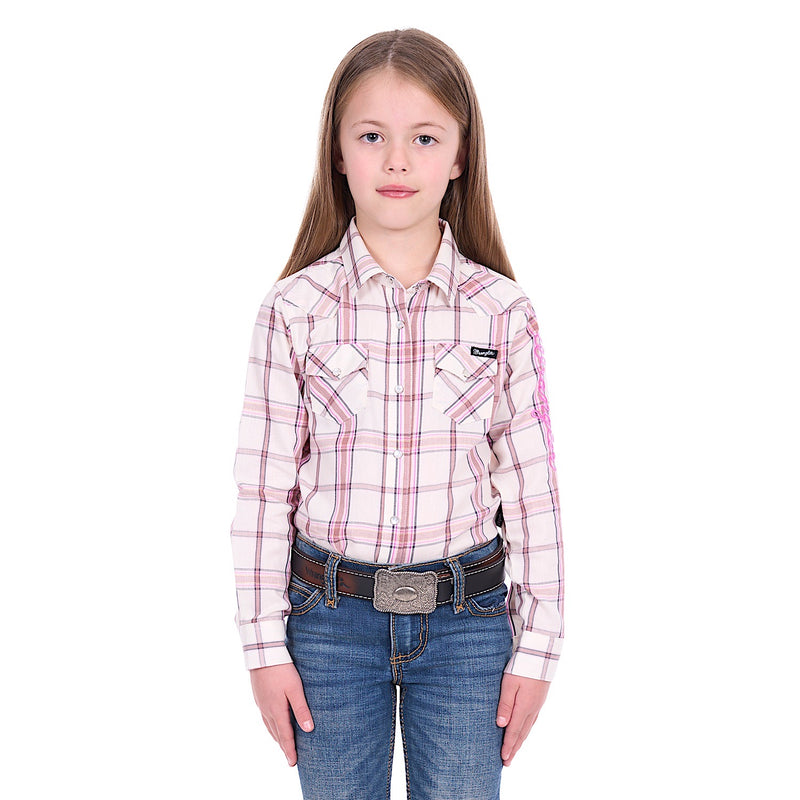 Wrangler Girl’s Henley Logo Shirt - Ivory/Pink