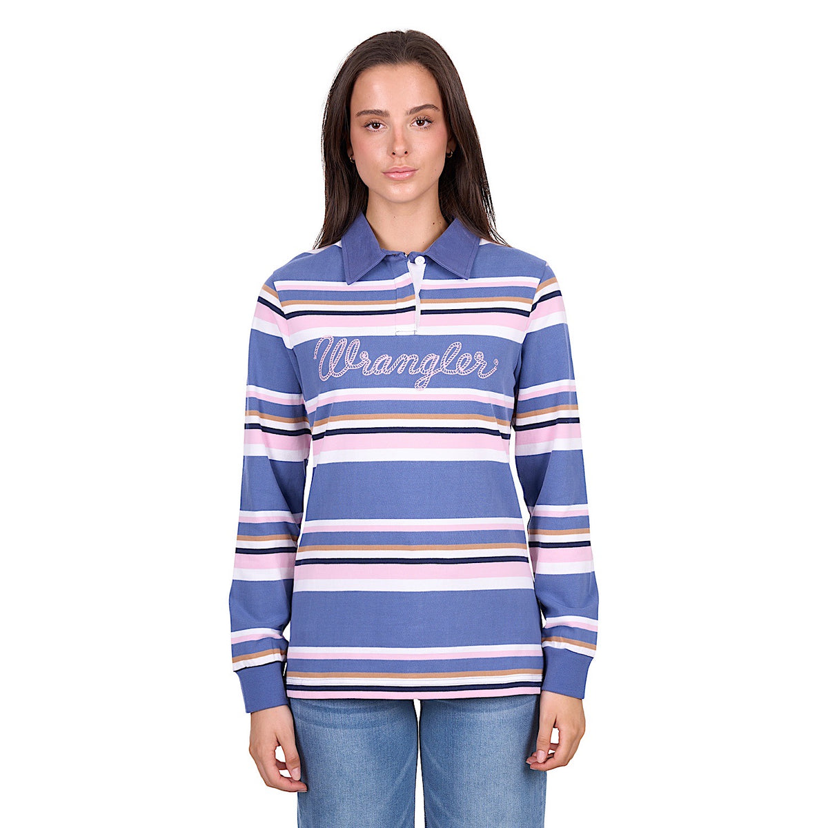Wrangler Women’s Easton Stripe Rugby - Blue/Pink