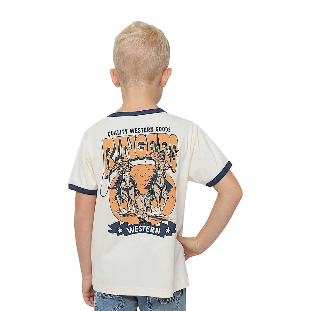 Ringers Western Boys Dust N Ropes Ringer T-Shirt - Off White/Blue