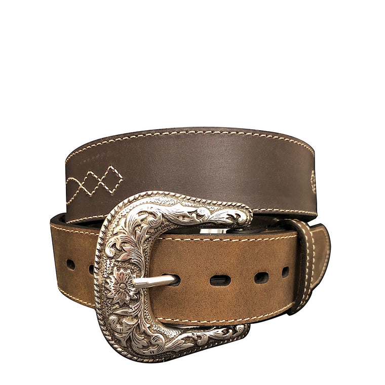 Roper Mens Belt 1.1/2" Bridle Leather Western Stitch Design Belt Brown