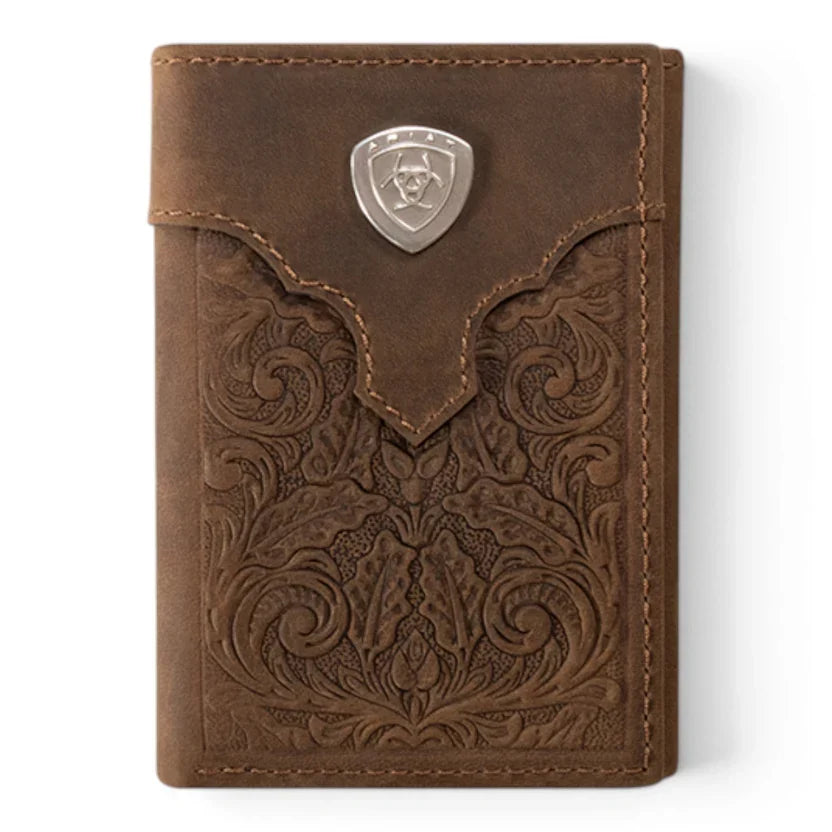 Ariat Overlay Embossed Trifold Wallet - Medium Brown