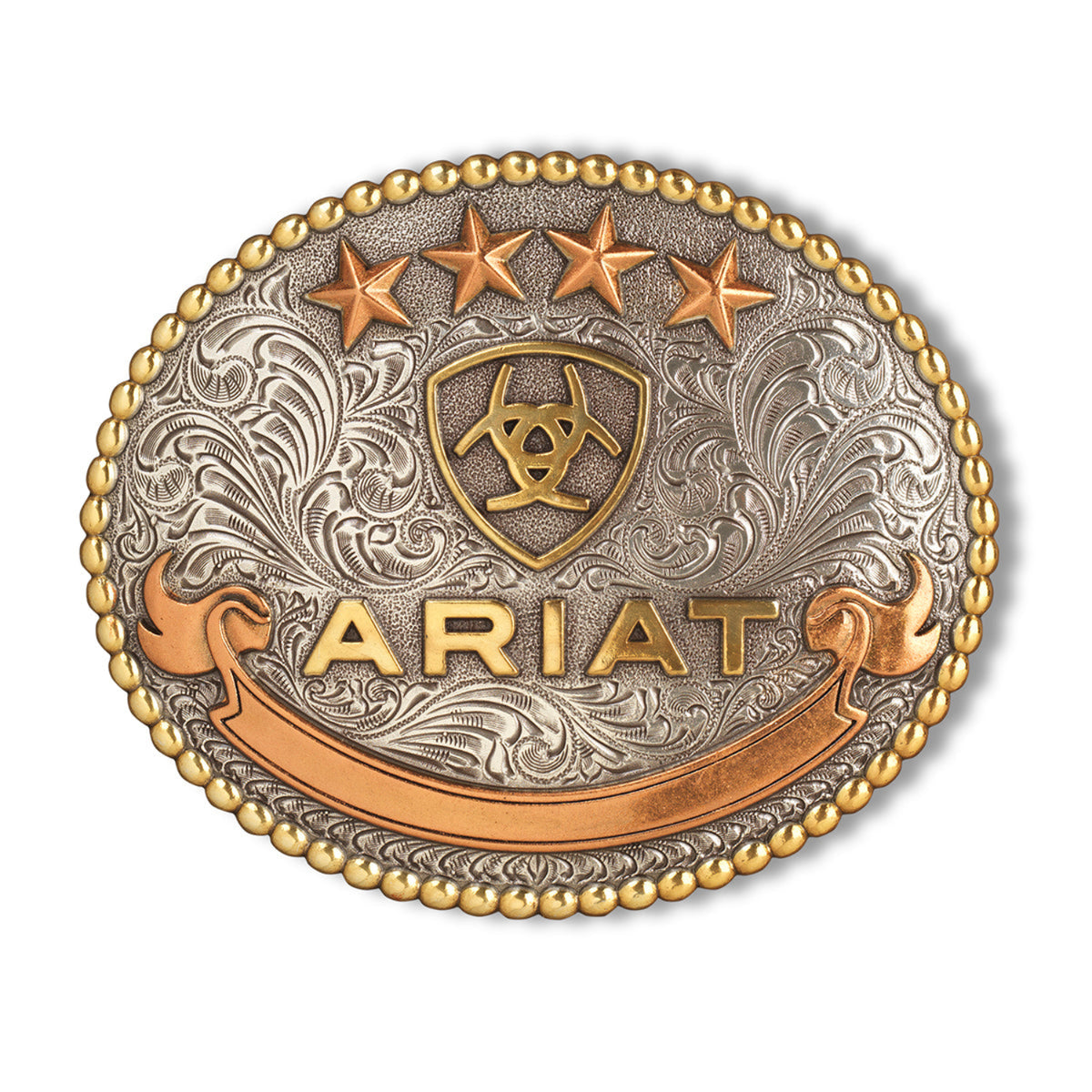 Ariat Oval 4 Star Beaded Edge Ariat Logo Buckle - Aged Silver/Aged Gold