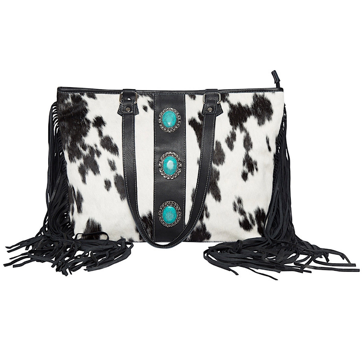 The Design Edge Women’s Big Fringed Cowhide Bag Langford - Black & White Hairon