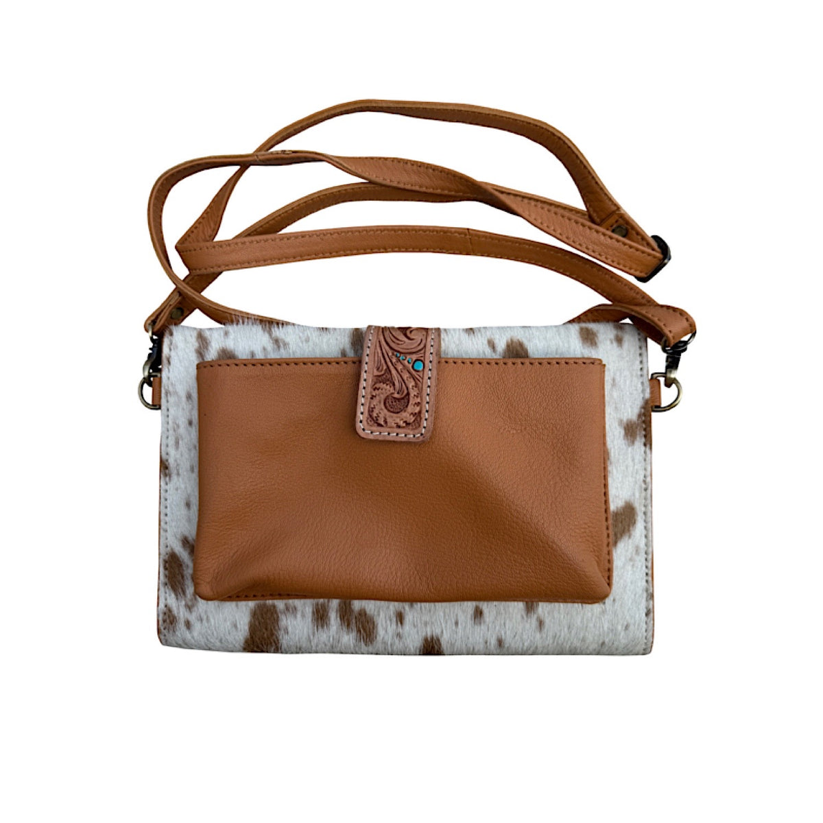 The Design Edge Women’s Cowhide Sunflower Tooling Leather Wallet Bag – Tan