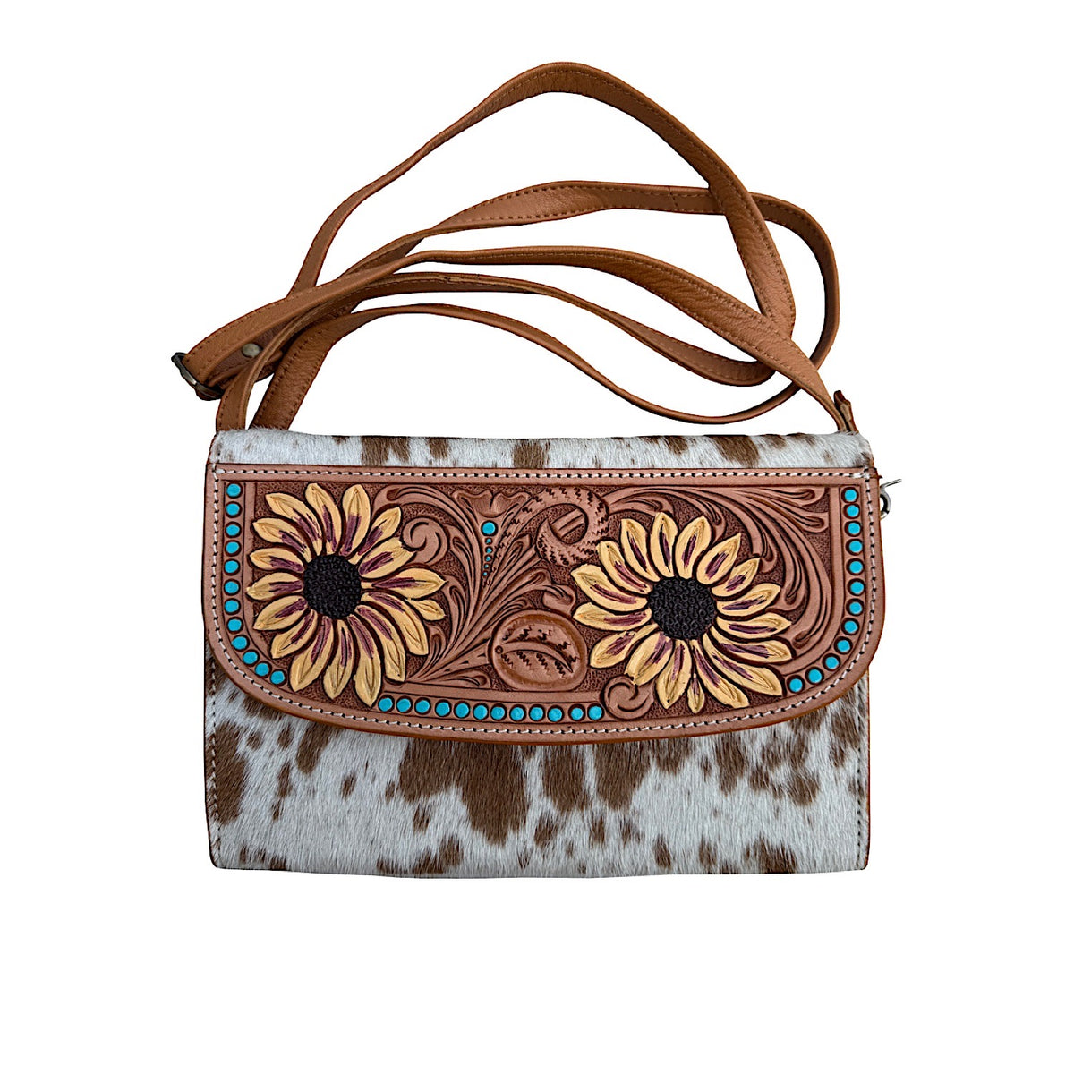 The Design Edge Women’s Cowhide Sunflower Tooling Leather Wallet Bag – Tan