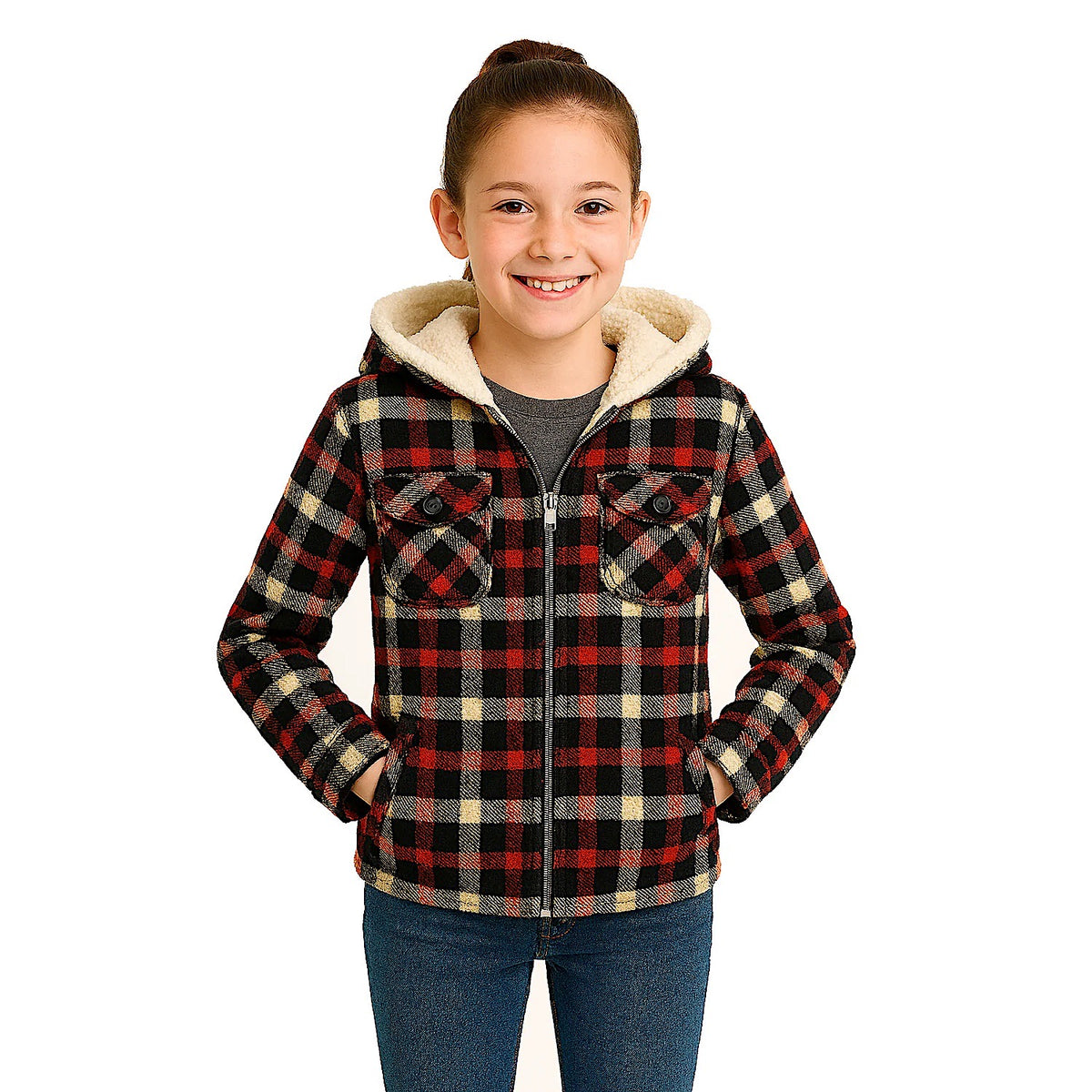 Adventureline Kid's Sherpa Hoodie - Navy Auburn Check