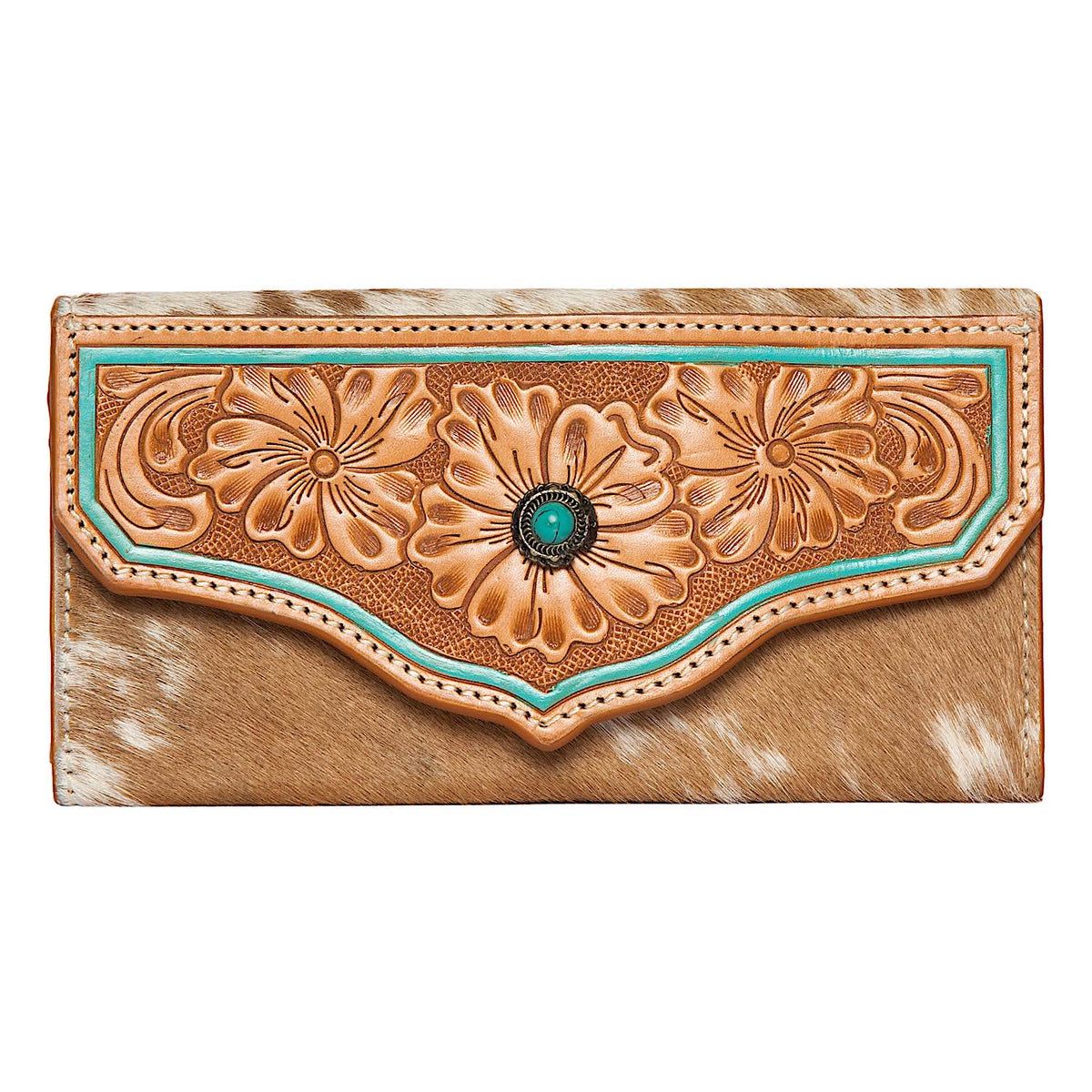 The Design Edge Women’s Cowhide Sunflower Tooling Leather Eden Wallet – Tan